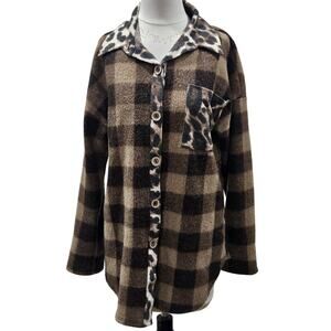 Brown Check Leopard Animal Print Small Shirt Jacket Blue USA Grunge Artsy Shabby